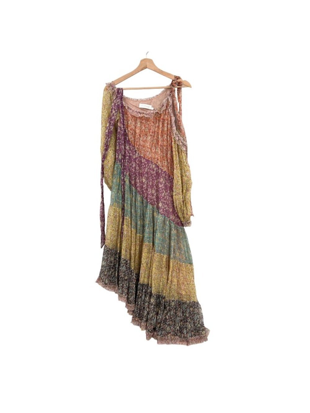 Zimmermann Carnaby Frill Floral Silk Cold Shoulder Asymmetrical Dress